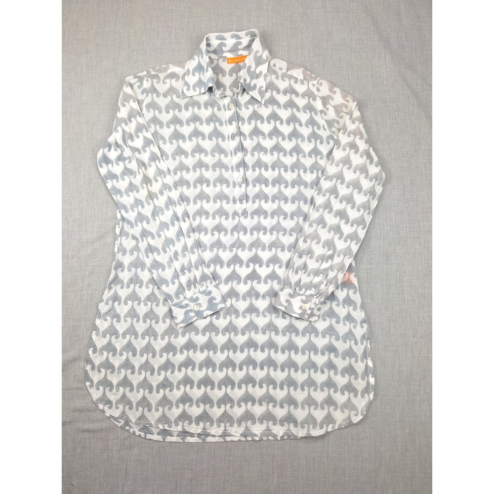Oliphant Womens Grey White Cotton Hand Block Print Long Sleeve Tunic Shirt S